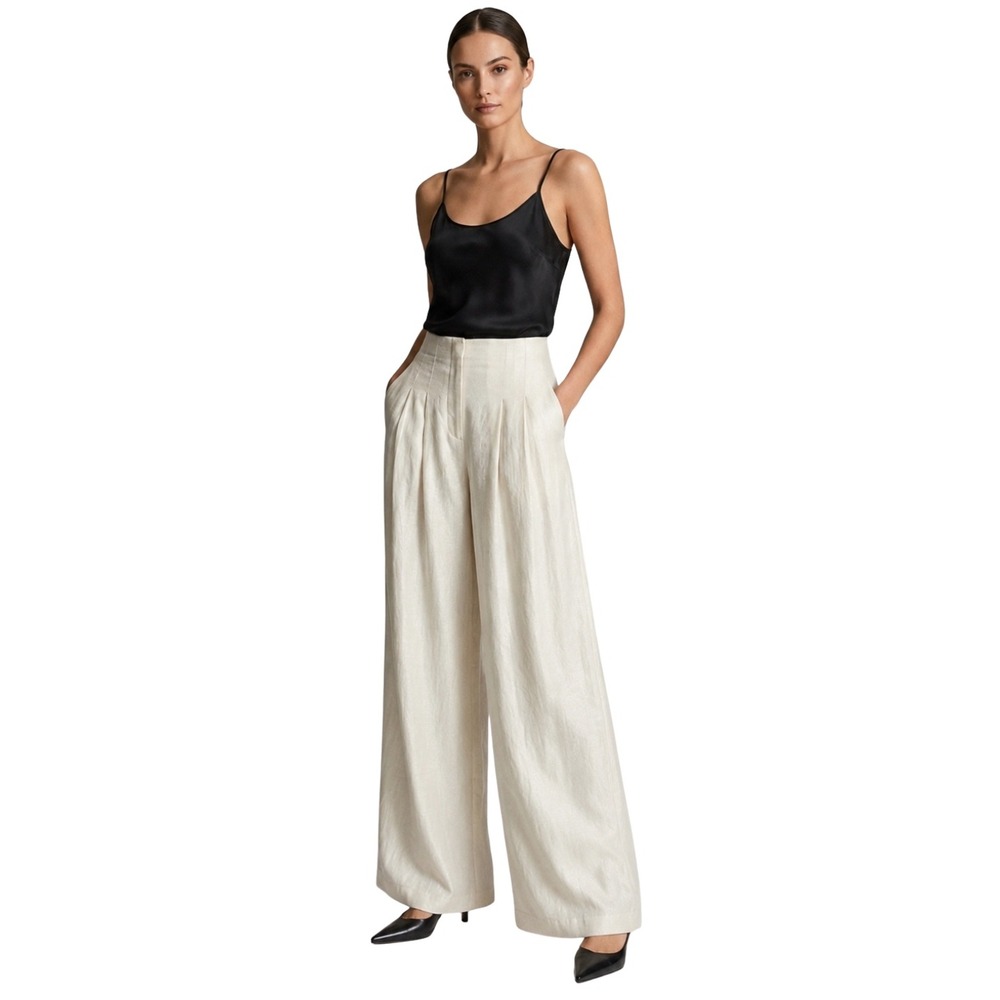 House of Harlow 1960 Pants Womens Large Ivory Gold Metallic Linen Blend Wide Leg